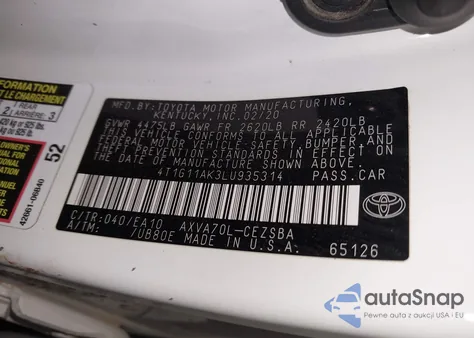 2020 Toyota Camry Se z USA, uszkodzony, nr VIN 4T1G11AK3LU935314